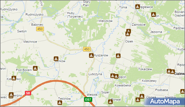 mapa Wyszanów gmina Wieruszów, Wyszanów gmina Wieruszów na mapie Targeo