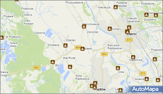 mapa Zabawa gmina Radłów, Zabawa gmina Radłów na mapie Targeo