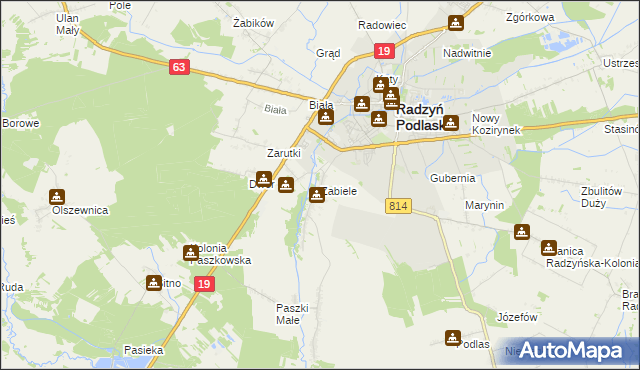 mapa Zabiele gmina Radzyń Podlaski, Zabiele gmina Radzyń Podlaski na mapie Targeo