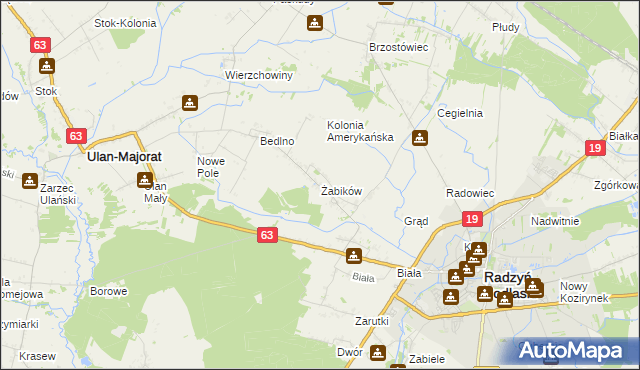 mapa Żabików gmina Radzyń Podlaski, Żabików gmina Radzyń Podlaski na mapie Targeo