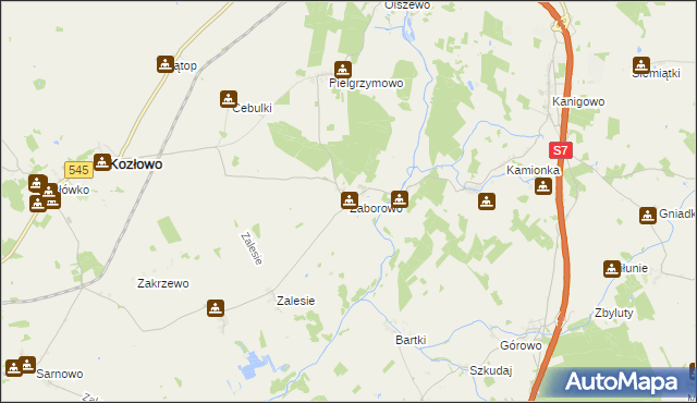 mapa Zaborowo gmina Kozłowo, Zaborowo gmina Kozłowo na mapie Targeo