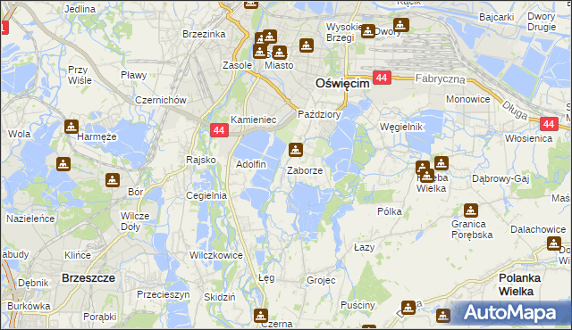 mapa Zaborze gmina Oświęcim, Zaborze gmina Oświęcim na mapie Targeo
