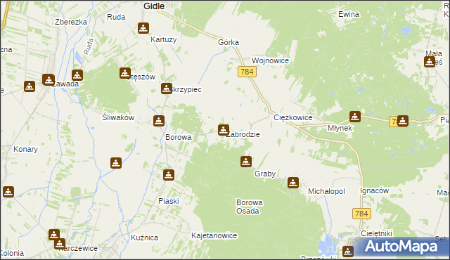 mapa Zabrodzie gmina Gidle, Zabrodzie gmina Gidle na mapie Targeo