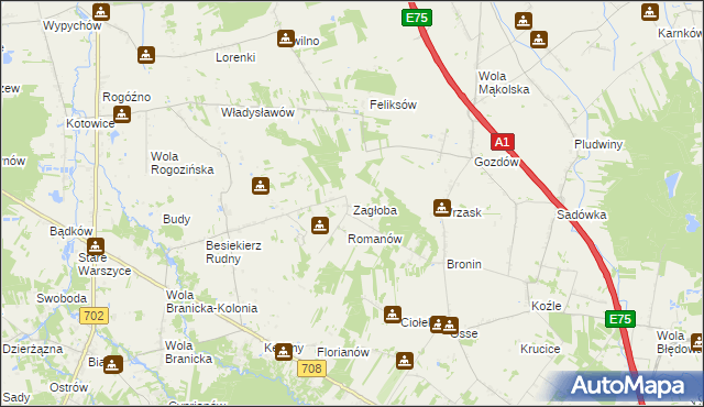 mapa Zagłoba gmina Stryków, Zagłoba gmina Stryków na mapie Targeo