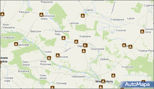 mapa Zagórze gmina Wielgomłyny, Zagórze gmina Wielgomłyny na mapie Targeo