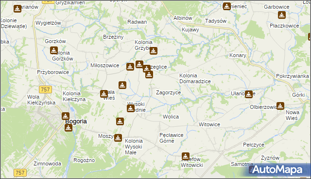 mapa Zagorzyce gmina Bogoria, Zagorzyce gmina Bogoria na mapie Targeo