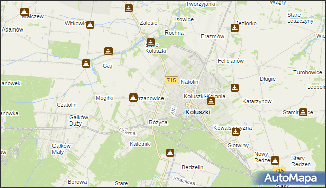 mapa Żakowice gmina Koluszki, Żakowice gmina Koluszki na mapie Targeo