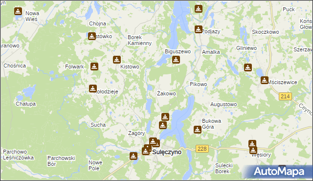 mapa Żakowo gmina Sulęczyno, Żakowo gmina Sulęczyno na mapie Targeo