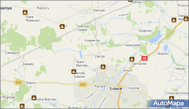 mapa Zakrze gmina Łosice, Zakrze gmina Łosice na mapie Targeo