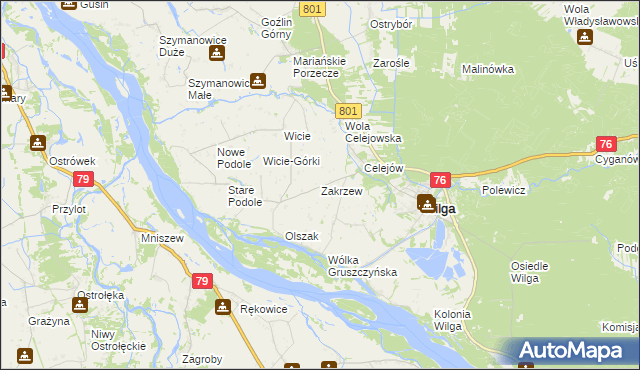 mapa Zakrzew gmina Wilga, Zakrzew gmina Wilga na mapie Targeo