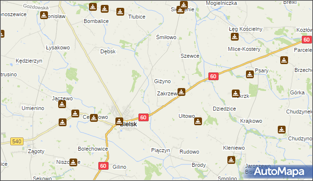 mapa Zakrzewo gmina Bielsk, Zakrzewo gmina Bielsk na mapie Targeo