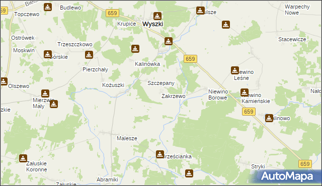 mapa Zakrzewo gmina Wyszki, Zakrzewo gmina Wyszki na mapie Targeo