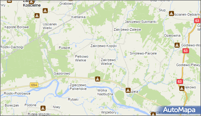 mapa Zakrzewo Wielkie gmina Zaręby Kościelne, Zakrzewo Wielkie gmina Zaręby Kościelne na mapie Targeo