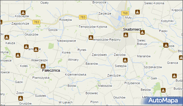 mapa Zakrzówek gmina Skalbmierz, Zakrzówek gmina Skalbmierz na mapie Targeo