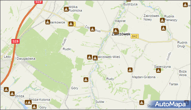 mapa Zakrzówek-Wieś gmina Zakrzówek, Zakrzówek-Wieś gmina Zakrzówek na mapie Targeo