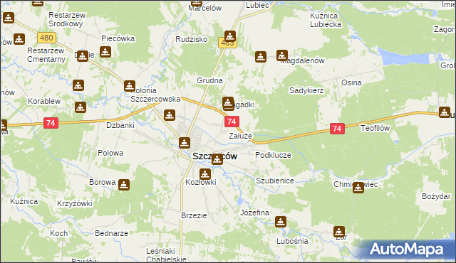 mapa Załuże gmina Szczerców, Załuże gmina Szczerców na mapie Targeo