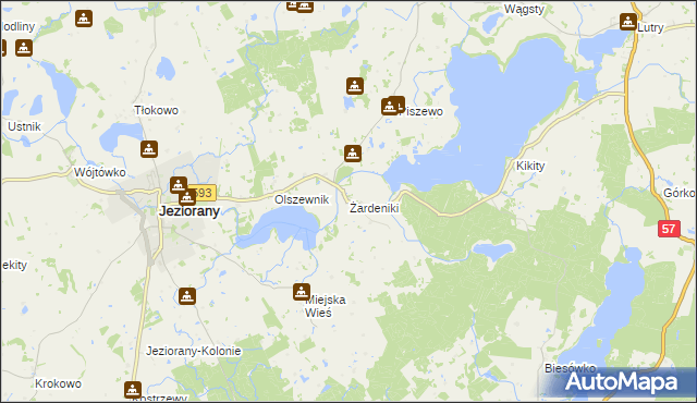 mapa Żardeniki gmina Jeziorany, Żardeniki gmina Jeziorany na mapie Targeo