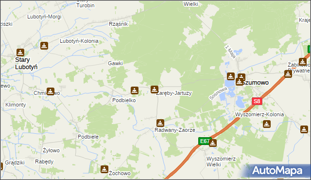 mapa Zaręby-Jartuzy, Zaręby-Jartuzy na mapie Targeo