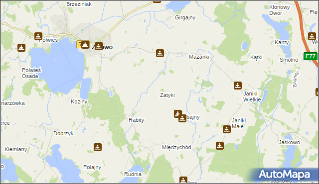 mapa Zatyki gmina Zalewo, Zatyki gmina Zalewo na mapie Targeo