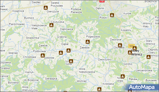 mapa Zawada gmina Bochnia, Zawada gmina Bochnia na mapie Targeo