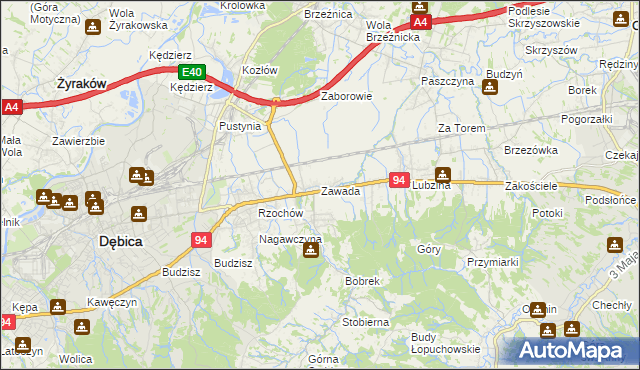 mapa Zawada gmina Dębica, Zawada gmina Dębica na mapie Targeo