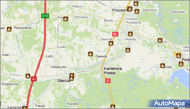 mapa Zawada gmina Kamienica Polska, Zawada gmina Kamienica Polska na mapie Targeo