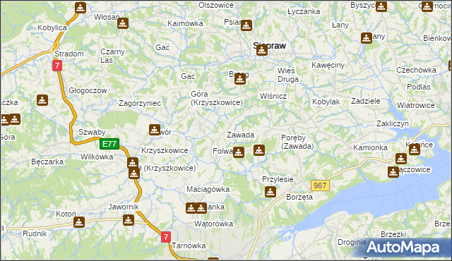 mapa Zawada gmina Myślenice, Zawada gmina Myślenice na mapie Targeo