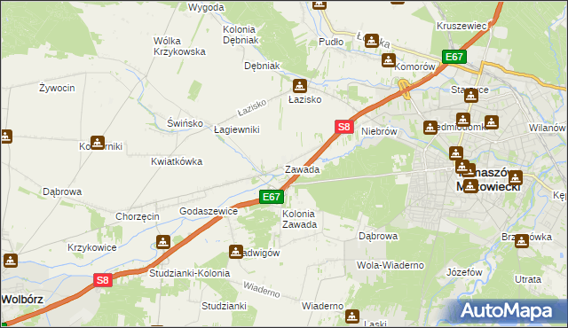 mapa Zawada gmina Tomaszów Mazowiecki, Zawada gmina Tomaszów Mazowiecki na mapie Targeo