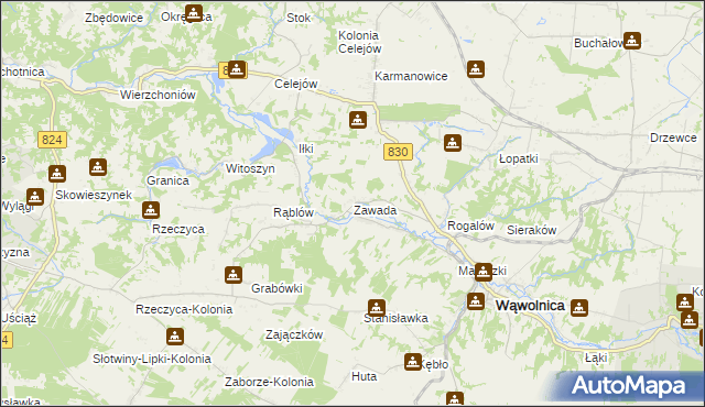 mapa Zawada gmina Wąwolnica, Zawada gmina Wąwolnica na mapie Targeo