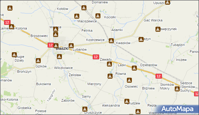 mapa Zawady gmina Błaszki, Zawady gmina Błaszki na mapie Targeo