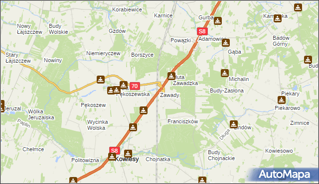 mapa Zawady gmina Kowiesy, Zawady gmina Kowiesy na mapie Targeo