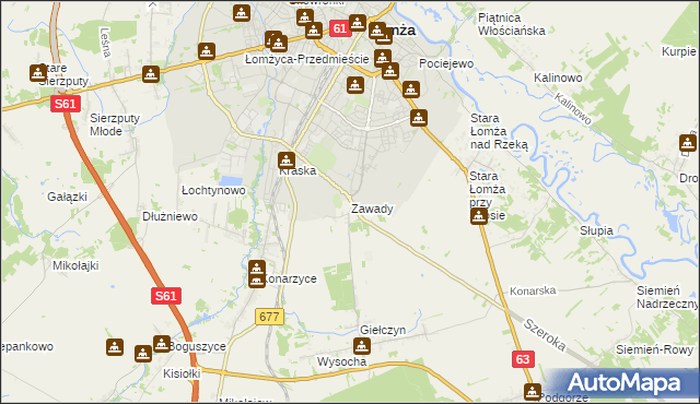 mapa Zawady gmina Łomża, Zawady gmina Łomża na mapie Targeo