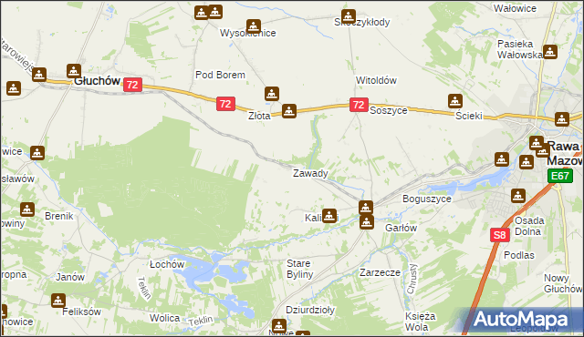 mapa Zawady gmina Rawa Mazowiecka, Zawady gmina Rawa Mazowiecka na mapie Targeo