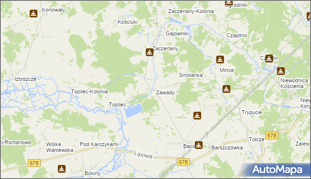 mapa Zawady gmina Turośń Kościelna, Zawady gmina Turośń Kościelna na mapie Targeo