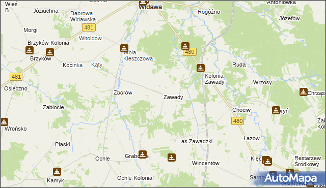 mapa Zawady gmina Widawa, Zawady gmina Widawa na mapie Targeo