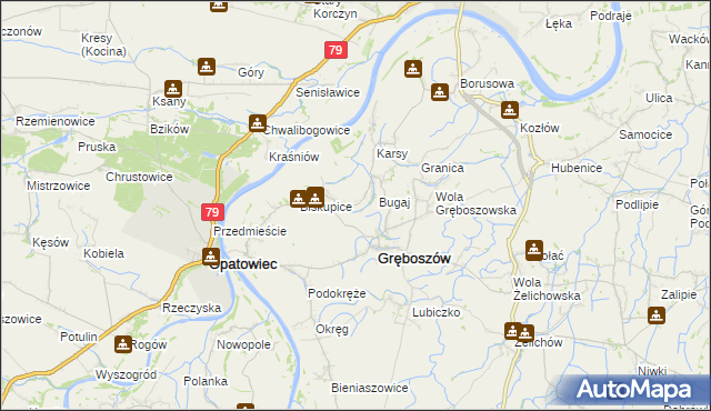 mapa Zawierzbie gmina Gręboszów, Zawierzbie gmina Gręboszów na mapie Targeo