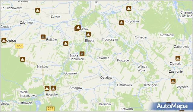 mapa Zawonia gmina Chlewiska, Zawonia gmina Chlewiska na mapie Targeo