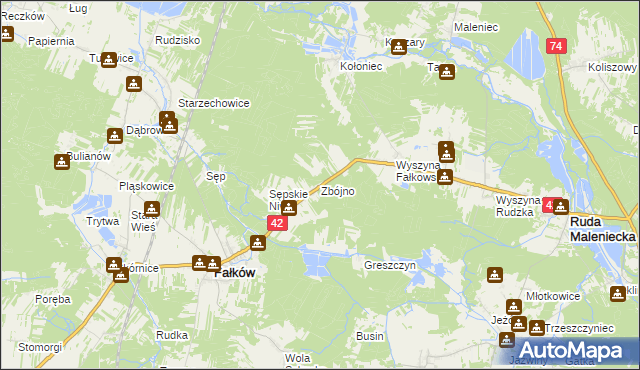 mapa Zbójno gmina Fałków, Zbójno gmina Fałków na mapie Targeo