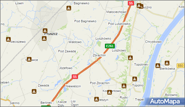 mapa Zbrachlin gmina Pruszcz, Zbrachlin gmina Pruszcz na mapie Targeo