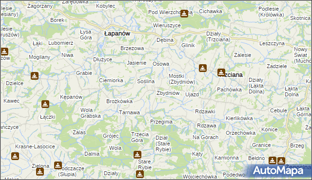 mapa Zbydniów gmina Łapanów, Zbydniów gmina Łapanów na mapie Targeo