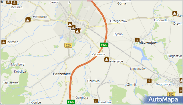 mapa Zębowice gmina Paszowice, Zębowice gmina Paszowice na mapie Targeo