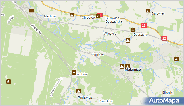 mapa Żelisław gmina Małomice, Żelisław gmina Małomice na mapie Targeo