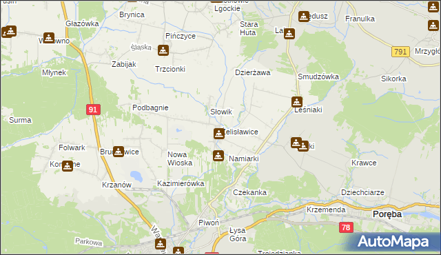 mapa Żelisławice gmina Siewierz, Żelisławice gmina Siewierz na mapie Targeo