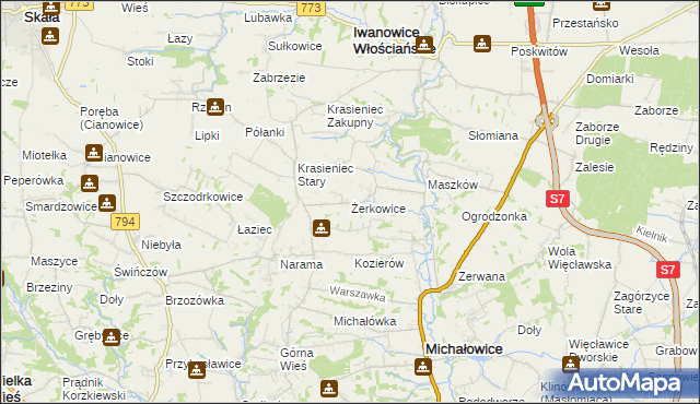 mapa Żerkowice gmina Iwanowice, Żerkowice gmina Iwanowice na mapie Targeo