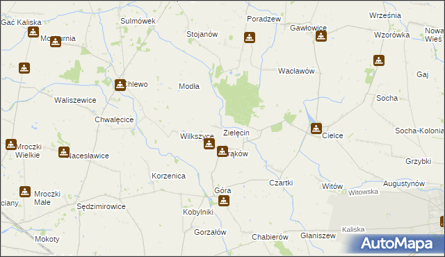 mapa Zielęcin gmina Warta, Zielęcin gmina Warta na mapie Targeo