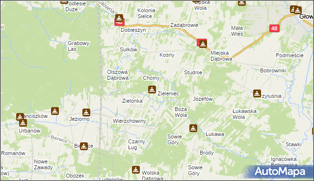 mapa Zieleniec gmina Głowaczów, Zieleniec gmina Głowaczów na mapie Targeo