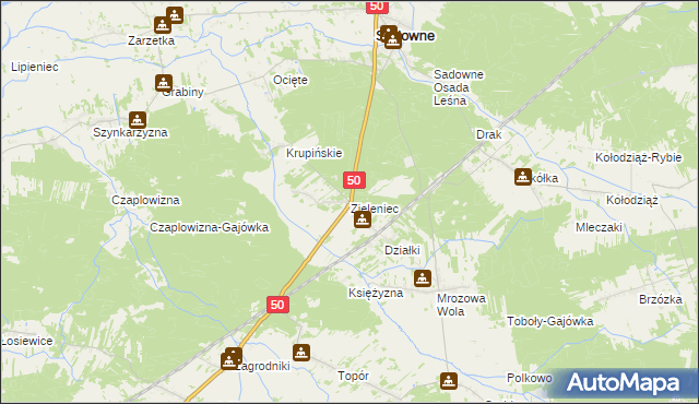 mapa Zieleniec gmina Sadowne, Zieleniec gmina Sadowne na mapie Targeo