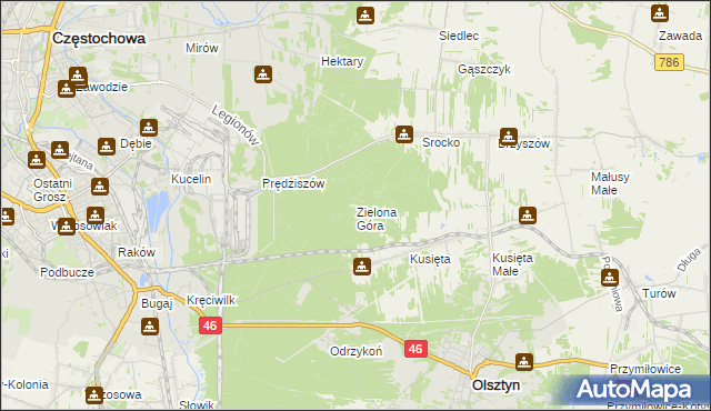 mapa Zielona Góra gmina Olsztyn, Zielona Góra gmina Olsztyn na mapie Targeo