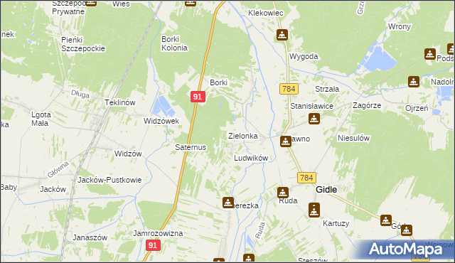 mapa Zielonka gmina Gidle, Zielonka gmina Gidle na mapie Targeo