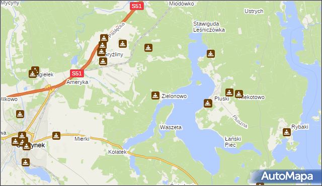mapa Zielonowo gmina Stawiguda, Zielonowo gmina Stawiguda na mapie Targeo